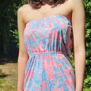 Lilly Pulitzer XS Strapless Windsor Pull-On Dress in coral/ blue ocean print